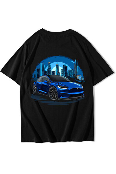 BRZ COLLECTION Tricou Unisex Oversize Albastru Tesla City Negru