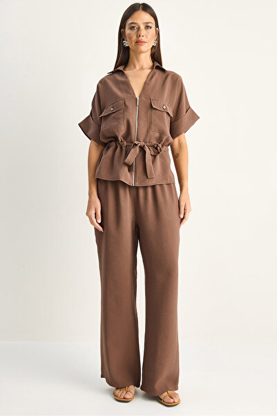 Bianco Lucci Γυναικείο Ρυθμιζόμενο Σετ Παντελόνι με Λεπτομέρεια στη Μέση, Κον...