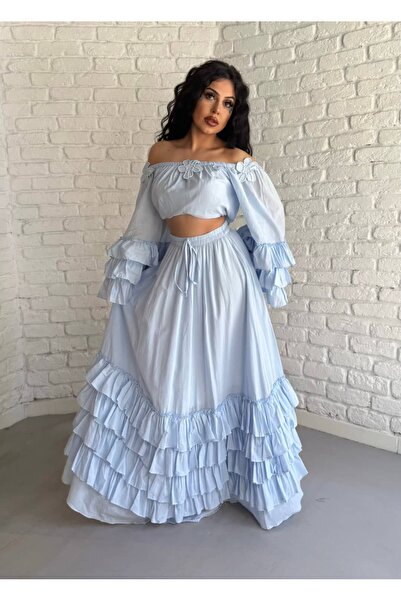 moneta boutique Γυναικείο Σετ με Φλοράλ Καρφίτσα, Μπλούζα με Βολάν και Φούστα