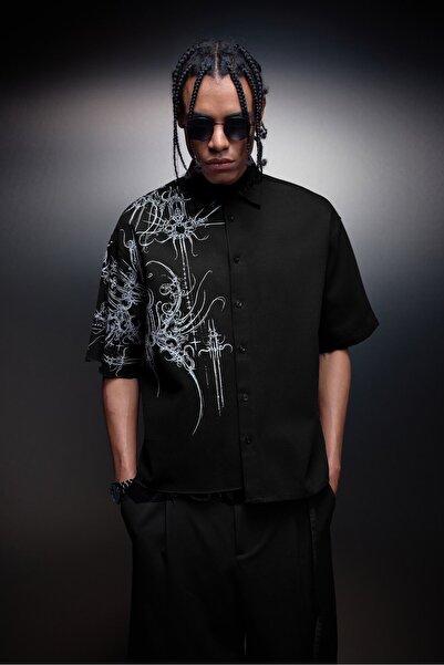 Slatra Cămașă neagră pentru bărbați, cu mânecă scurtă și croială asimetrică, ...