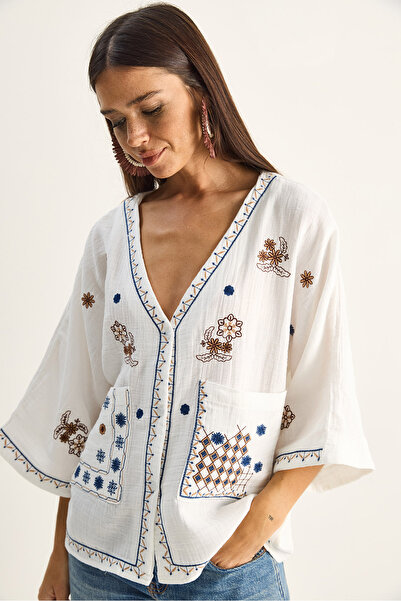 Bianco Lucci Γυναικείο πουκάμισο μουσελίνα με λαιμόκοψη V, με κεντημένη λεπτο...