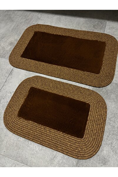 MaVaux Σετ χαλάκια μπάνιου με αφράτη μαλακή υφή 50x80 & 40x60 με ψάθινες άκρε...