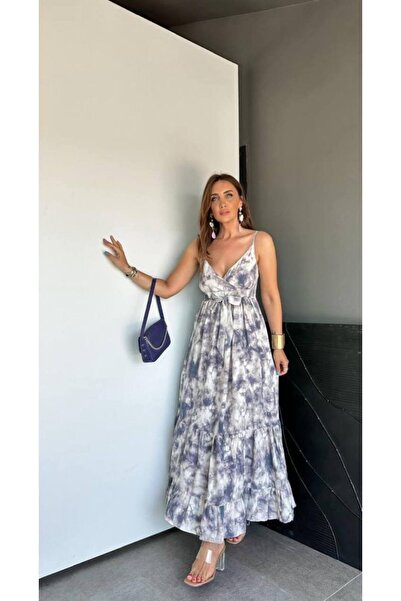 EGZOTİK ASORTİK Ebru Desen Bel Ribana İnce Askı Elbise- Mor MOR