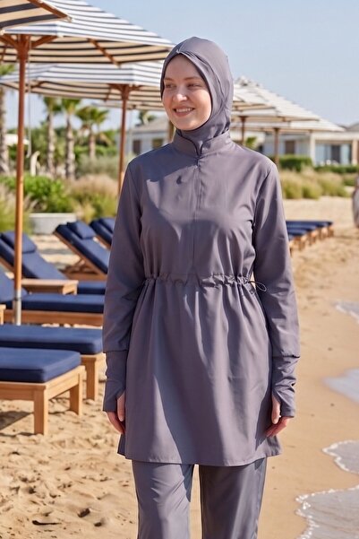 Rosto Fashion Beli Kordon Detaylı Antrasit Tam Kapalı Tesettür Mayo Hakim Yak...