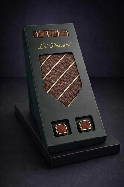 Kravatkolik Brown Handkerchief Classic Tie Cufflink Men's Gift Set Os631