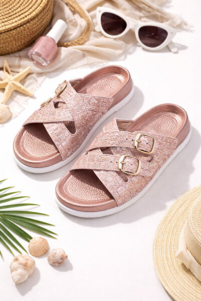 Ayakkabı Vakti Γυναικείες Παντόφλες σε Ροζ Χρυσό με Γκλίτερ και Χιαστί Λουράκ...