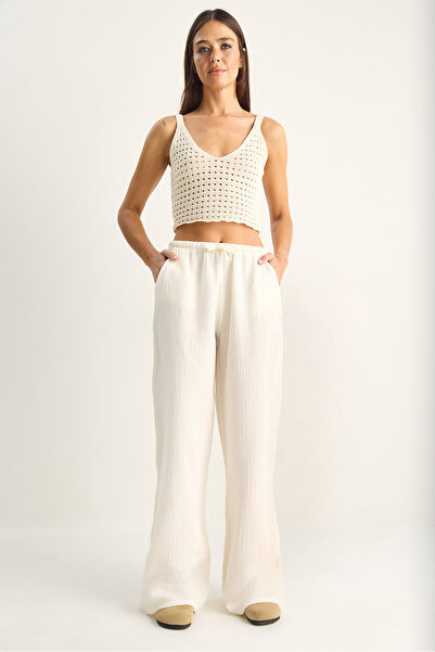 Bianco Lucci Γυναικείο παντελόνι με κορδόνια, ελαστική μέση, φαρδιά μπατζάκια...