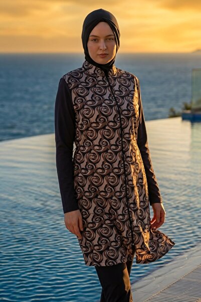 Rosto Fashion Abstract Patterned Fully Covered Hijab Swimsuit Navy Blue Adjus...