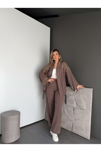 Zerrincan Giyim Coffee Sequin Embroidered Belted Stylish Suit