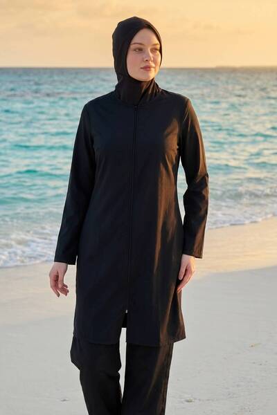 Rosto Fashion Plain Parachute Full Covered Hijab Swimsuit Black 3-Piece Water...