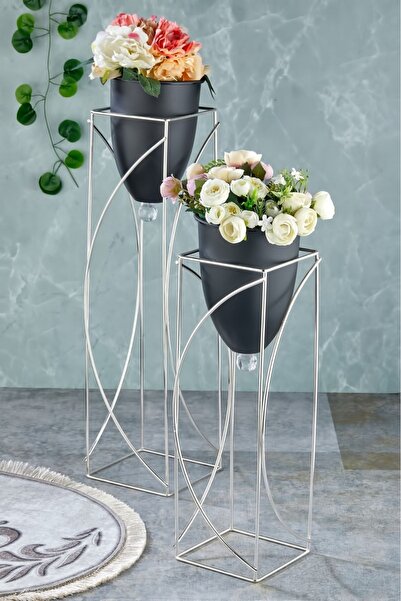 Tasarım Evi Dekoratif Şık Tasarım 2'li Metal Ayaklı Saksı Çiçeklik Yaylı Model