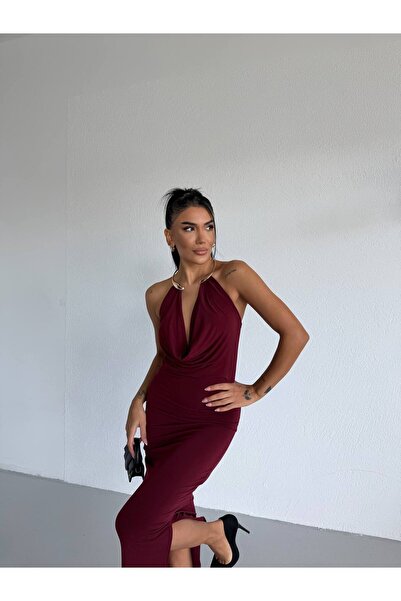 Fabienn Kadın Boyun Aksesuarlı Halter Yaka Maxi Boy Sandy Kumaş Elbise