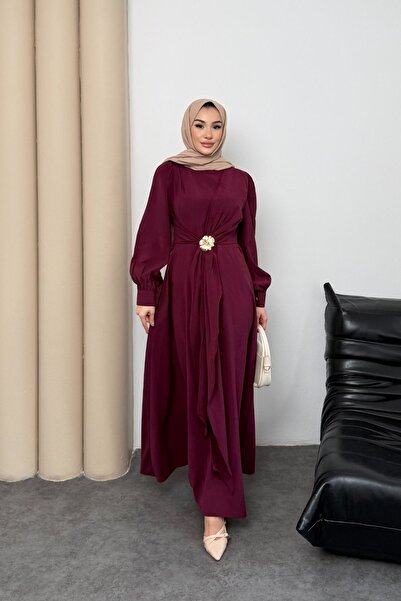 ASTEMİA فستان نسائي بأكمام بالون وحزام مزين بالزهور SB0021