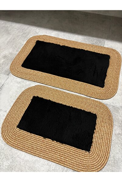 MaVaux Σετ χαλάκια μπάνιου με αφράτη μαλακή υφή 50x80 & 40x60 με ψάθινες άκρε...