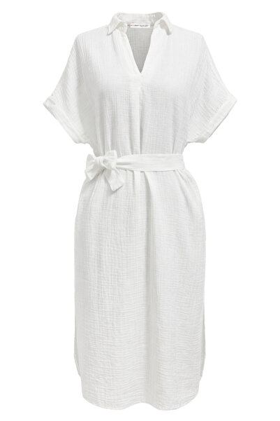 Mixray 4720 Γυναικείο φόρεμα μουσελίνας με λεπτομέρειες πιέτες και λαιμόκοψη ...