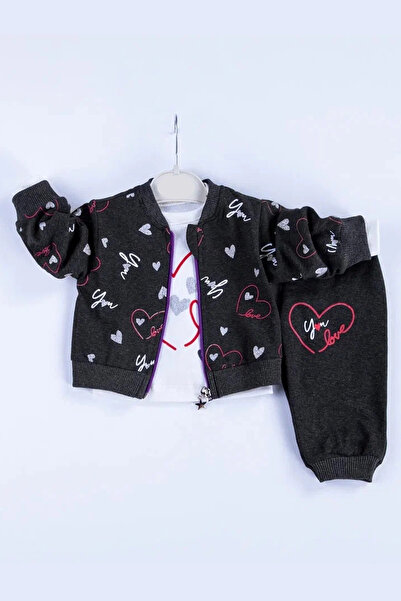 miyrem Heart Patterned Cardigan Cotton 3-Piece Baby Girl Set