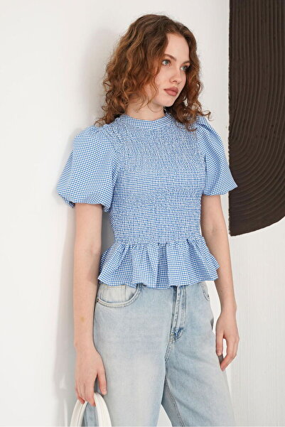 Caddebostan Moda Γυναικεία μπλούζα Gipeli με λαιμόκοψη ποδηλάτου, καρό σχέδιο...