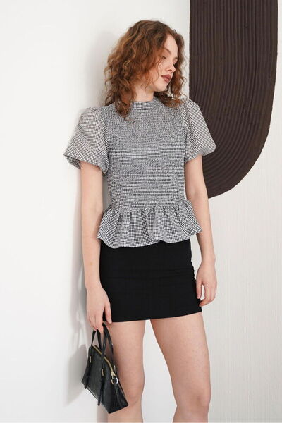 Caddebostan Moda Women's Gipeli Crew Neck Gingham Balloon Sleeve Peplum Blouse