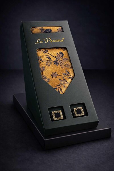 Kravatkolik Κλασικό Σετ Δώρου για Άνδρες με Μαντήλι και Κουμπιά Σαφράν OS646