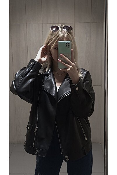 Ekim Store Μακρύ δερμάτινο μπουφάν Boyfriend με ζώνη με οπές