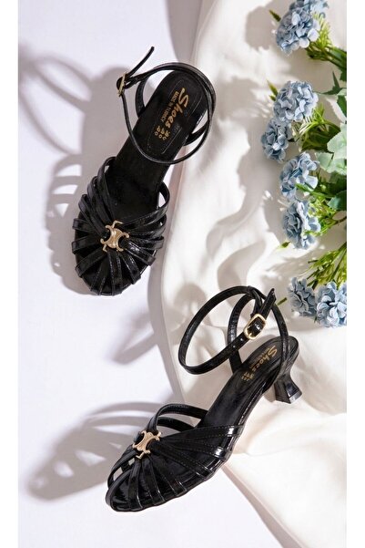 guijarro Γυναικεία μαύρα λουστρίνια σανδάλια με διχτυωτό σχέδιο, χαμηλό λεπτό...