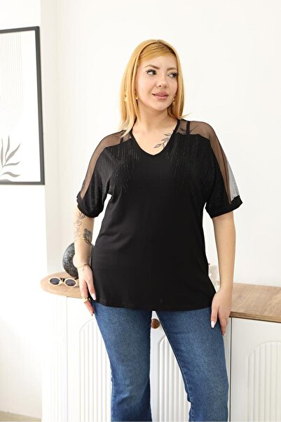 Siyezen Plus Size Tulle Stone Embellished Shoulder Blouse