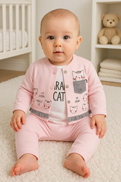 Veraura Lifestyle Cat Patterned 3-Piece Baby Girl Set with Cardigan