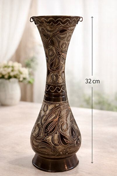 EVVEL ZAMAN ANTİK El İşçiliği Otantik Desenli Kulplu Dekoratif Vazo – 32 cm