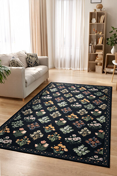 Toronto Home Dijital Kaymaz Yıkanabilir Çiçekli Vintage Siyah Salon Halısı Mu...