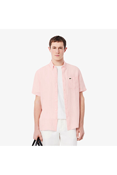 Lacoste Erkek Regular Fit Kısa Kollu Düğmeli Yaka Keten Açık Pembe Gömlek