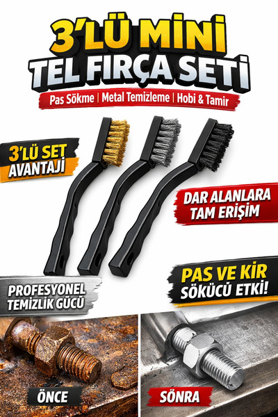 Universal 3’lü Mini Tel Fırça Seti | Metal Temizleme, Pas Sökme, Hobi & Tamir...