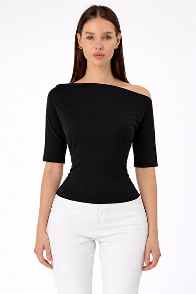 COMBİNE MİCHAİL Women's Off-The-Shoulder Short Sleeve Black Tight Blouse