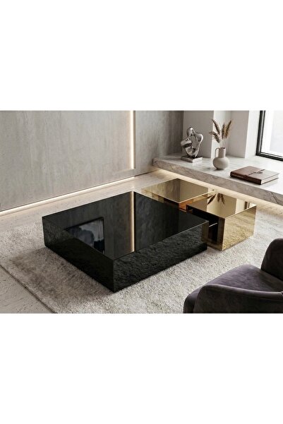 LUXURY VİLLA LUXURY SİYAH CAMLI GOLD AYNALI DEKORATİF ORTA SEHPA BÜYÜK 100x10...