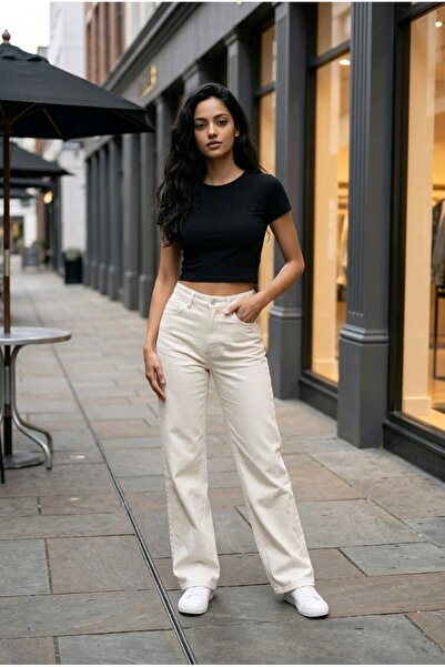 hies Τζιν με φαρδιά μπατζάκια, ψηλόμεσο, λύκρα, παντελόνι παλάτσο, κρεμ.