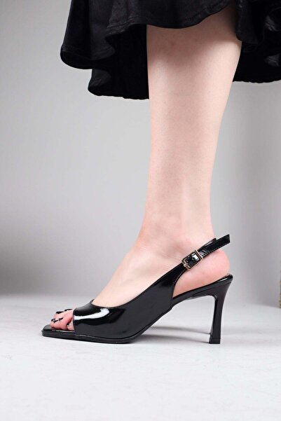 Birikon Kanye Open Front and Back Flat Patent Leather Heeled Shoes Black