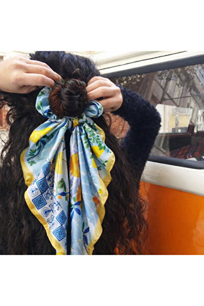 Mibi Design Remonade Mavi Saten 2’si 1 Arada Üçgen Bandanalı Scrunchie Toka