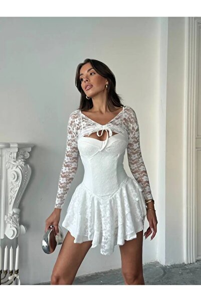 Cool & Sexy Μίνι Φόρεμα με Λεπτομέρεια Μπολερό και Σορτς Λευκό