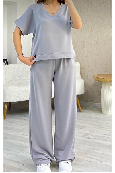 Trendingsize Crystal Fabric V-Neck Slit Detailed Women's Two-Piece Set