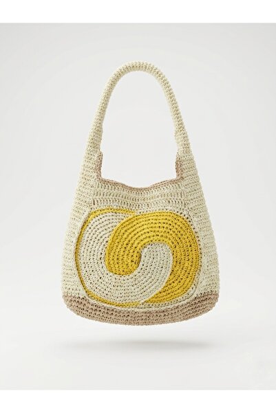 Enie Γυναικεία κίτρινη ψάθινη πλεκτή χειροποίητη τσάντα παραλίας και ώμου-χωρ...
