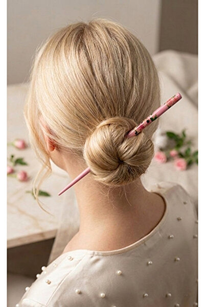 REBORN DESIGN Peony Patterned Pink Color 18 cm Wooden Knob Stick
