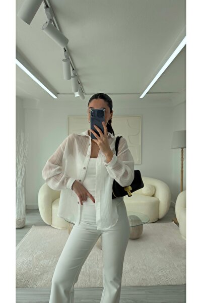 LUUNA STORE BEYAZ ÇİZGİLİ TRANSPARAN GÖMLEK