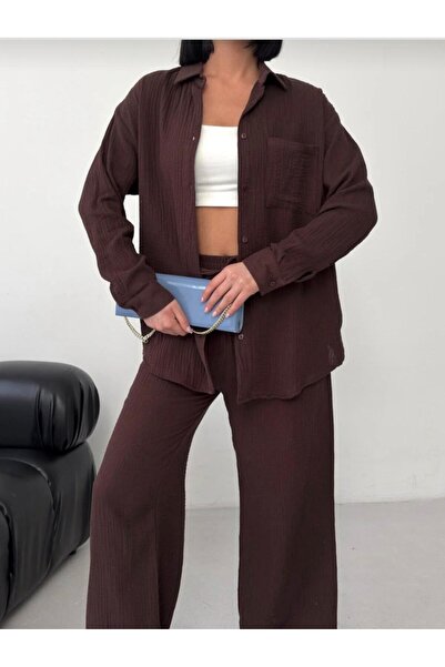 LAVRE Γυναικείο Σετ Παντελόνι και Πουκάμισο από Ύφασμα Μουσελίνας Oversize, Μ...