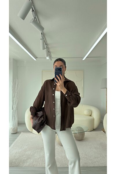 LUUNA STORE KAHVE ÇİZGİLİ TRANSPARAN GÖMLEK