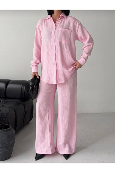 LAVRE Γυναικείο Σετ Παντελόνι και Πουκάμισο από Ύφασμα Μουσελίνας Oversize, Μ...