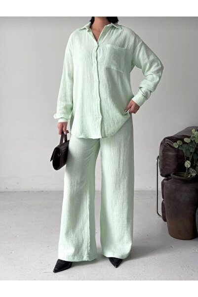 LAVRE Γυναικείο Σετ Παντελόνι και Πουκάμισο από Ύφασμα Μουσελίνας Oversize, Μ...