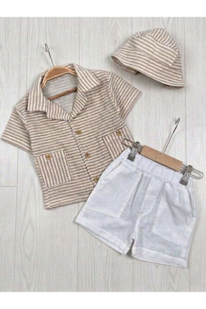 ENSONO Striped Baby Shirt, Shorts and Hat Set – 100% Muslin Summer Set of 3