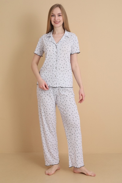 Wordex Mrn 1714 Floral Pointel Thin Fabric Buttoned Short Sleeve Women's Paja...