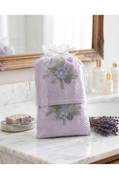 Lotus Dükkan Özel Tül Kesesinde İncili Çeyizlik Havlu Takımı - 2’li Set - Yab...