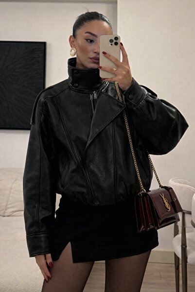 Ekim Store Μαύρο δερμάτινο μπουφάν με εξαιρετικά απαλό σχέδιο