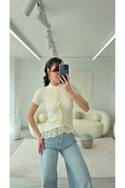 LUUNA STORE Ekru Lace-Detail Short Sleeve Knitwear Cardigan